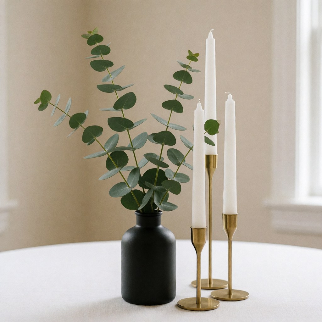 Minimalist table setting featuring eucalyptus in a black vase and white candles on bronze holders against a white tablecloth