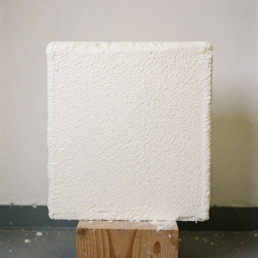 Close-up of white closed-cell foam insulation sample placed on a wooden block against a neutral gray background with even lighting