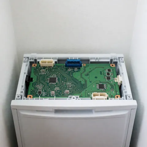 Top view of a green refrigerator circuit board with exposed connectors on a white workbench, ideal for technical repair contexts.