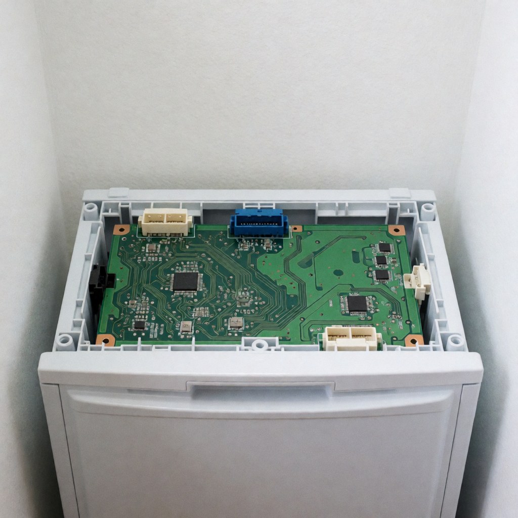 Top view of a green refrigerator circuit board with exposed connectors on a white workbench, ideal for technical repair contexts.