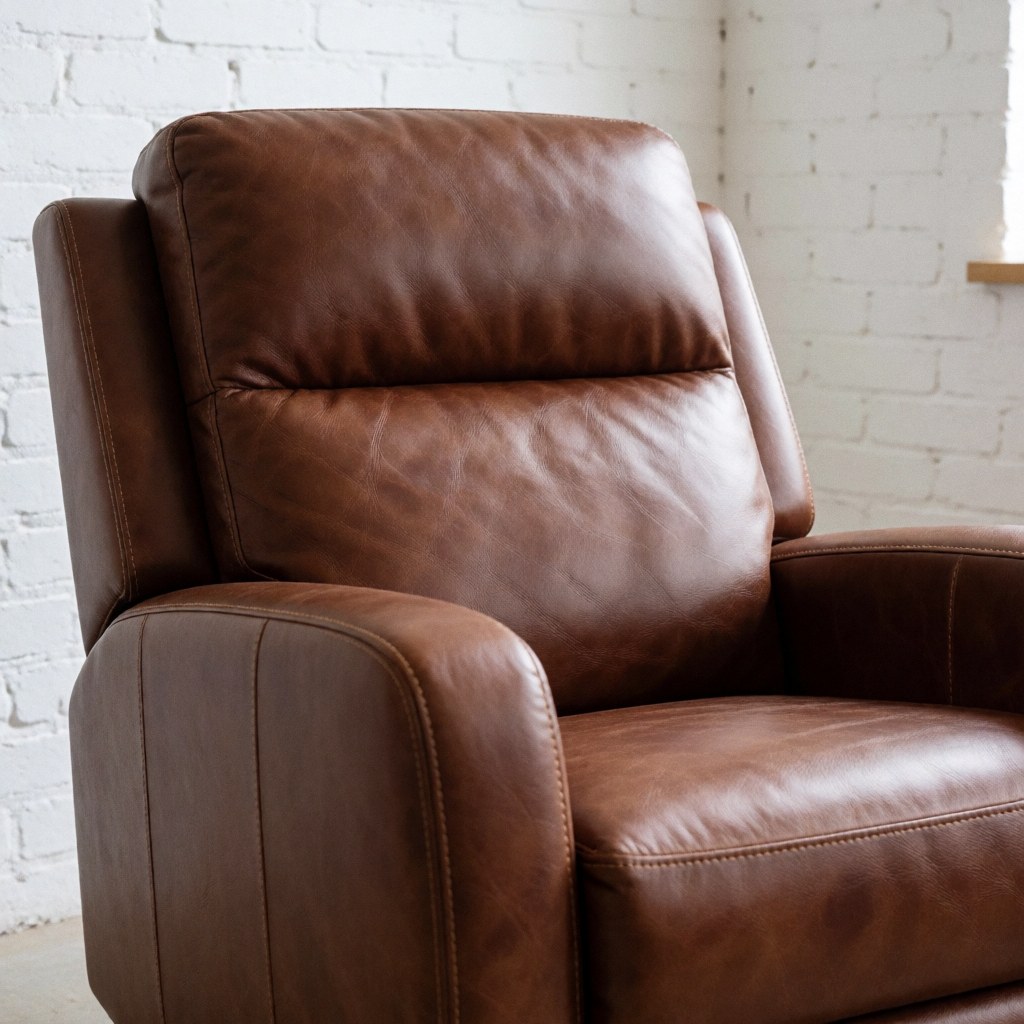 Restored brown leather chair with visible stitching and rich texture in a workshop with a white brick wall.