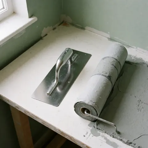 A leveling trowel and a gray mortar roller rest on a white table with dust stains, green walls, and natural light from a window.