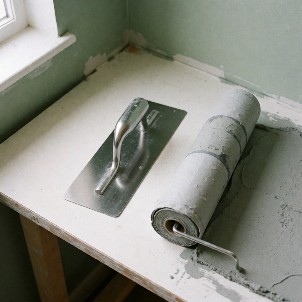 A leveling trowel and a gray mortar roller rest on a white table with dust stains, green walls, and natural light from a window.