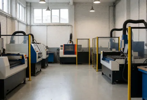 Industrial metal cutting workshop featuring plasma and laser machines, safety barriers, white brick walls, and concrete flooring under natural and artificial lighting.