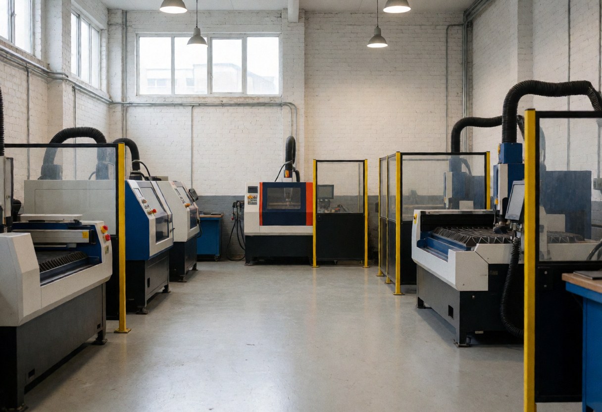 Industrial metal cutting workshop featuring plasma and laser machines, safety barriers, white brick walls, and concrete flooring under natural and artificial lighting.