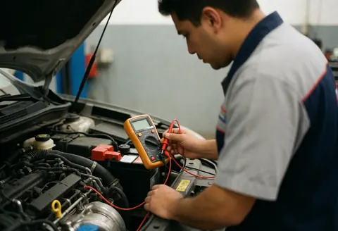 Technician uses a multimeter to test a car battery in a workshop with visible tools and engine components under practical lighting.
