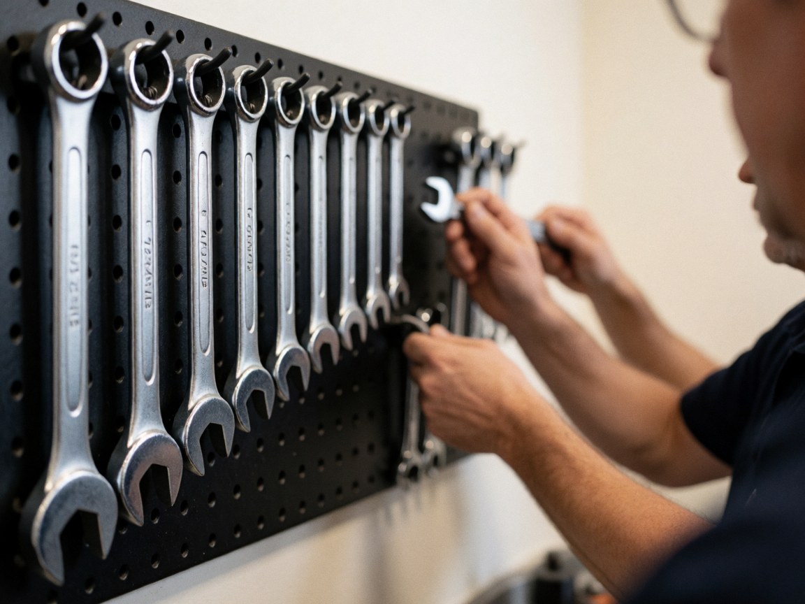 Close-up view of shiny metal wrenches and screws mounted on a pegboard wall, highlighting engraved measurements and precision details.