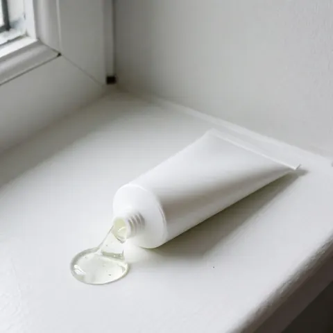 White tube of clear gel spilled on a white window sill with soft natural light and light gray walls, ideal for skincare products.