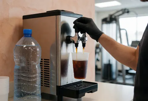 A gloved hand operates a stainless steel dispenser to fill a plastic cup with cola, with a water bottle and condensation-covered cooler nearby in a gym setting.