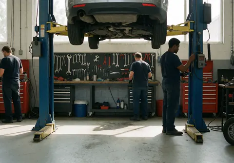 Three mechanics working in an auto shop, one adjusting the lift, another checking tools, and the third working near the raised vehicle with tools on the wall and natural light.