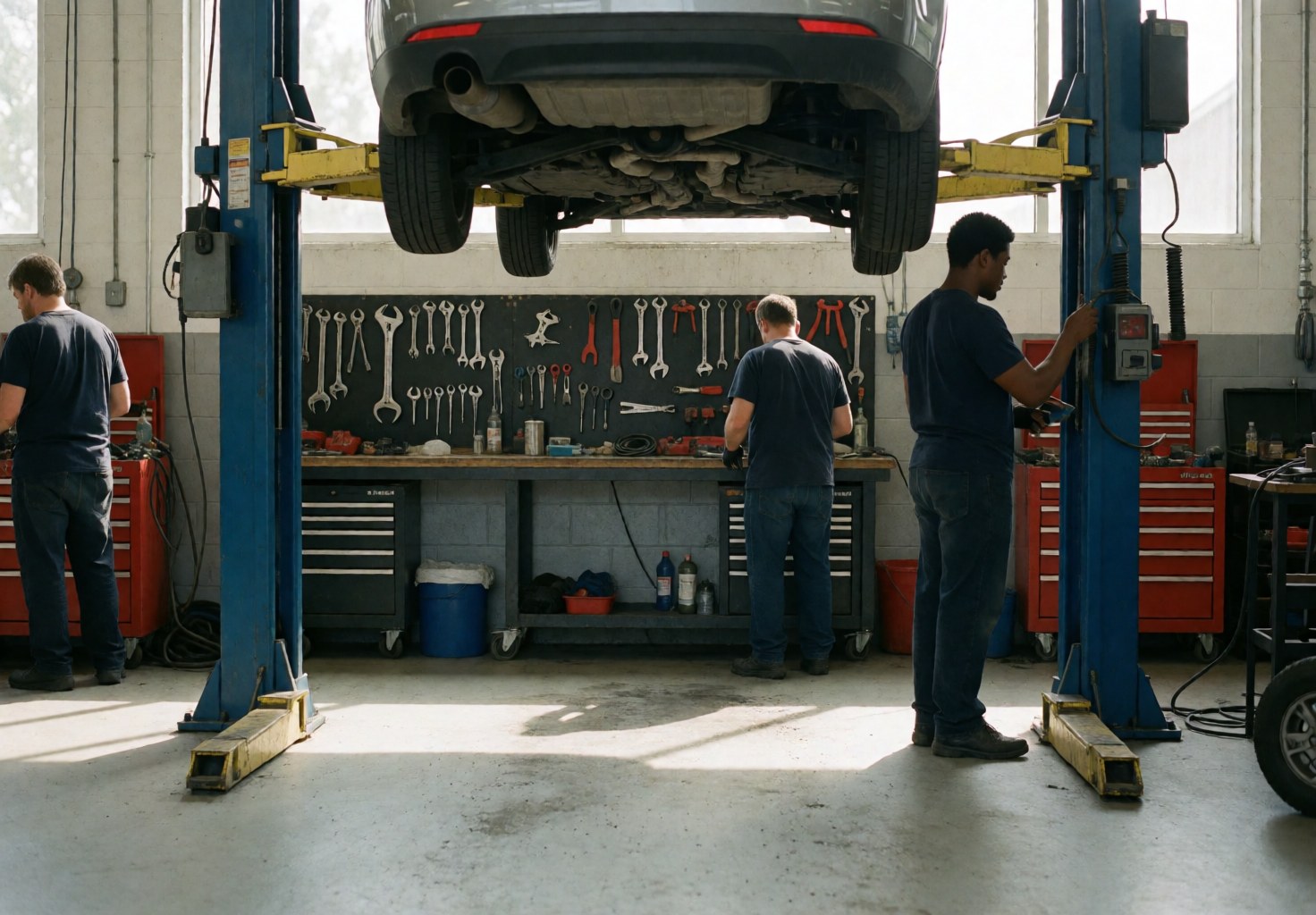 Three mechanics working in an auto shop, one adjusting the lift, another checking tools, and the third working near the raised vehicle with tools on the wall and natural light.