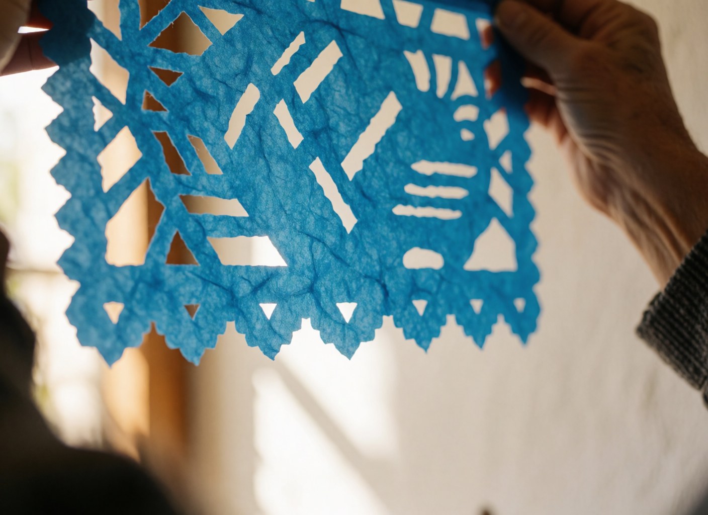 Close-up of hands holding a blue paper flag with sunlight filtering through the cutouts, showing visible paper texture
