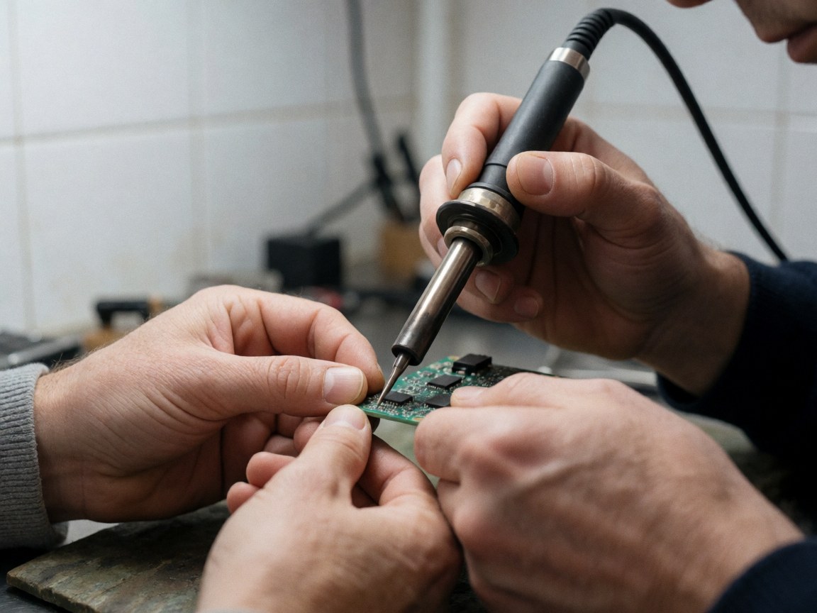 Close-up of hands using a soldering iron to repair a circuit board in a workshop with a white tiled wall background.