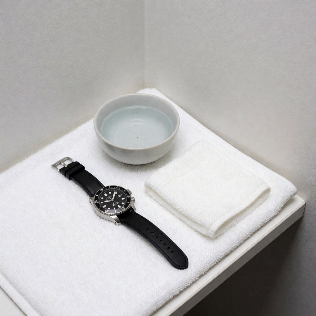 Dry wristwatch with black strap on white towel next to water cup and cloth on light gray corner with bright clean lighting