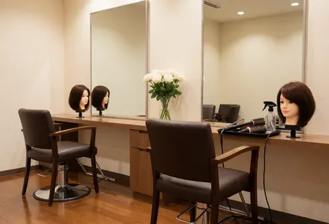 Clean modern hair salon featuring two chairs, large mirrors, and wigs on mannequins. A counter displays white roses and styling tools.