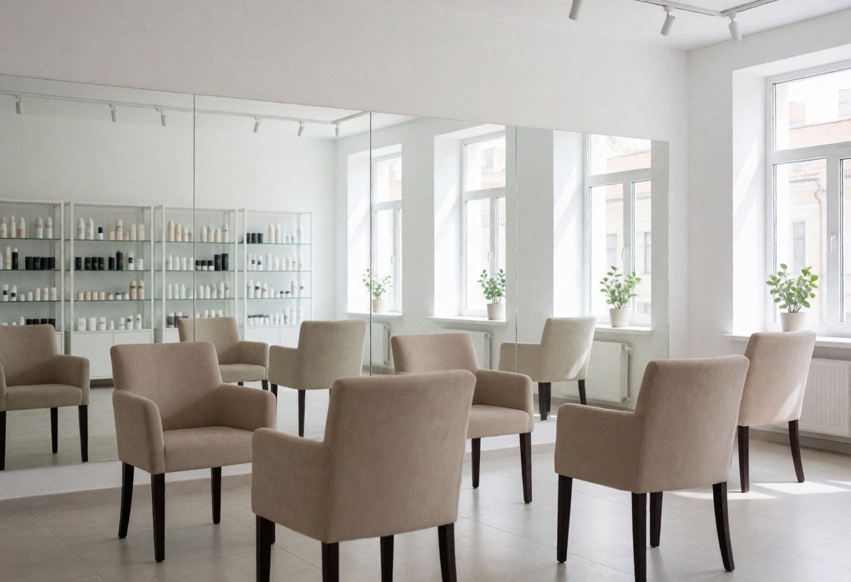Spacious professional makeup studio featuring beige chairs, large mirrors, product shelves, and natural light from windows