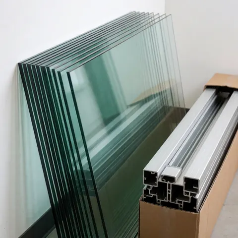Stacks of clear glass and aluminum frames in a box, ready for window repair, on a neutral white background with professional lighting