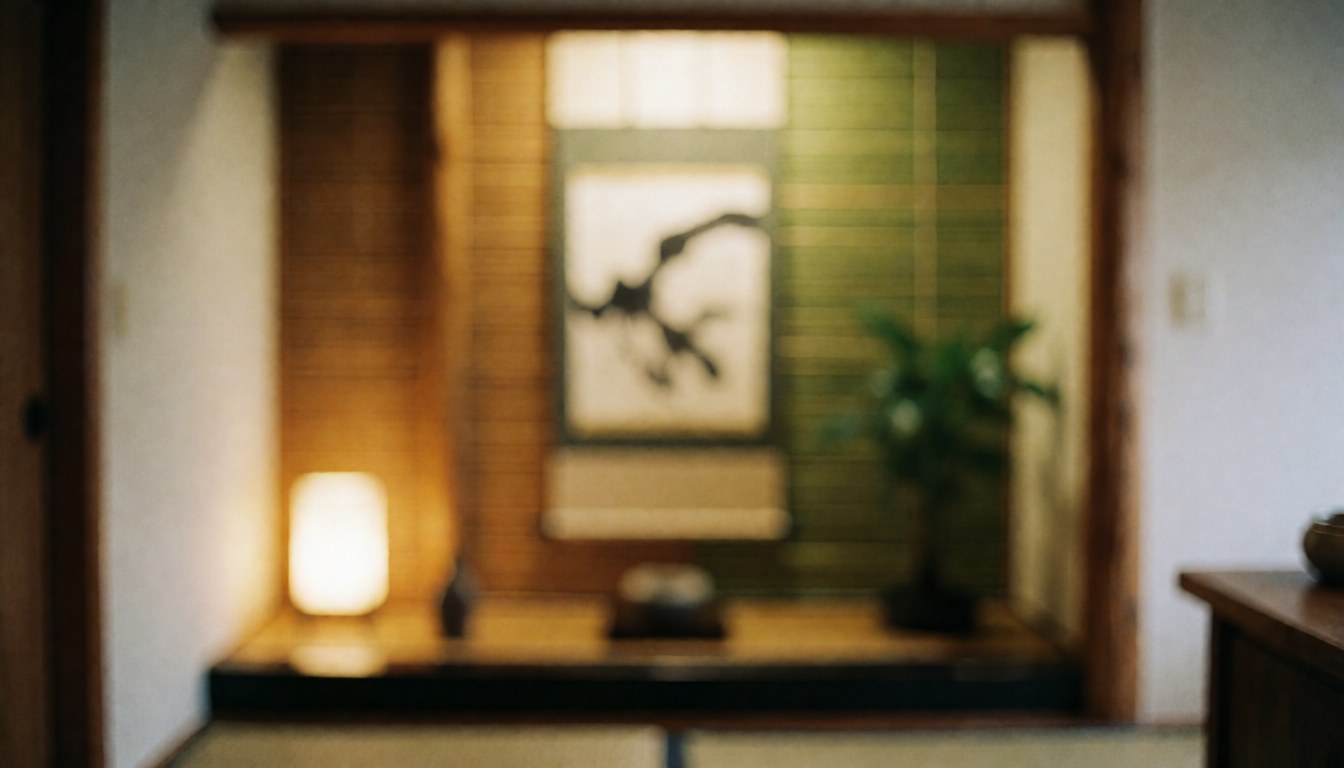 Blurred shiatsu reception background featuring a wooden tokonoma, green plant, and warm lighting, ideal for text overlay