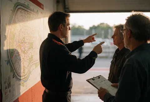 Instructor points to a track map while two clients listen attentively with a clipboard in a garage with sunset light.