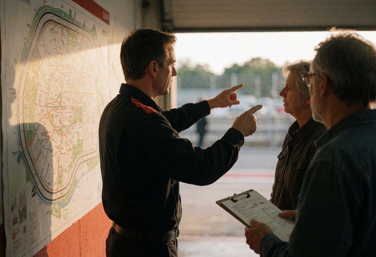 Instructor points to a track map while two clients listen attentively with a clipboard in a garage with sunset light.