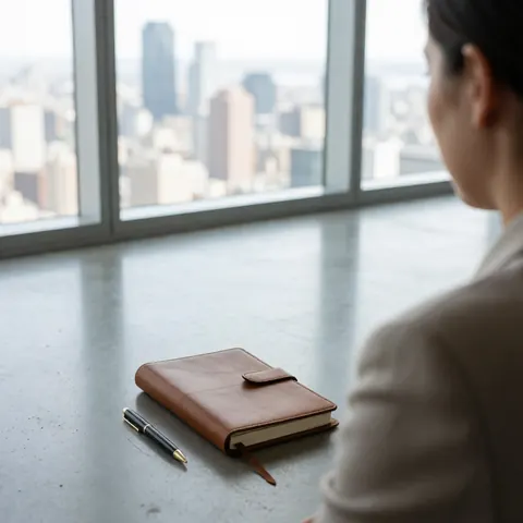 Brown leather notebook and black pen resting on polished concrete floor with city view through large windows