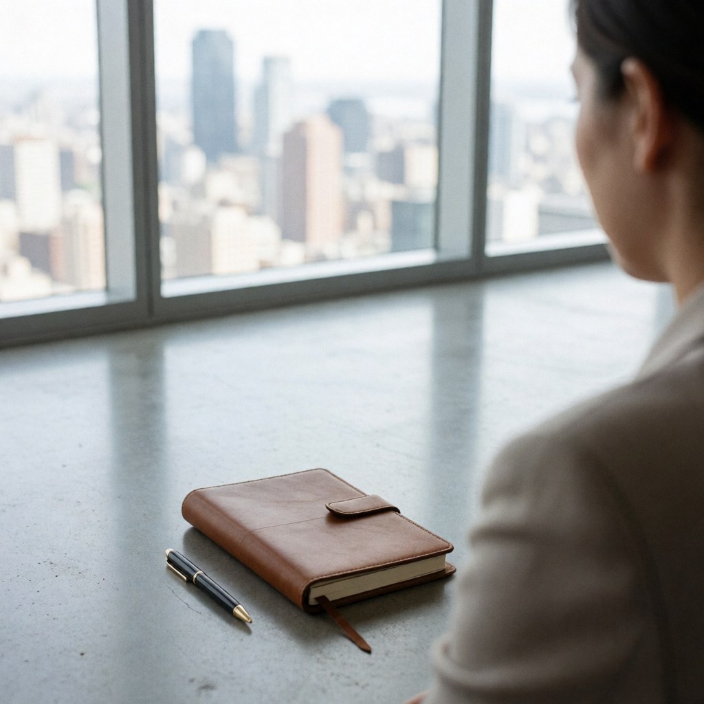 Brown leather notebook and black pen resting on polished concrete floor with city view through large windows