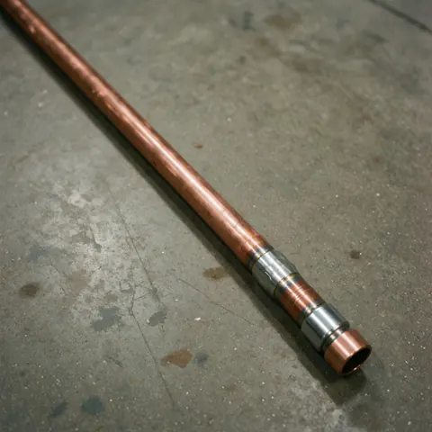 Close-up of a copper pipe with a soldered joint and PEX connection on a concrete floor, suitable for professional plumbing installations.