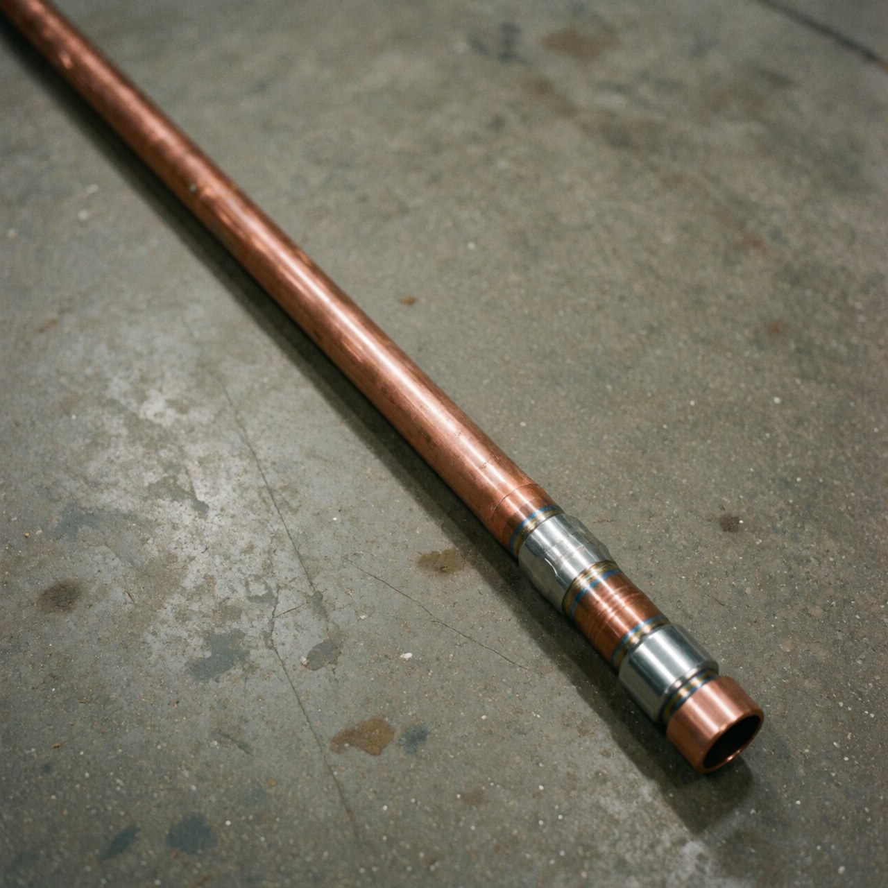 Close-up of a copper pipe with a soldered joint and PEX connection on a concrete floor, suitable for professional plumbing installations.