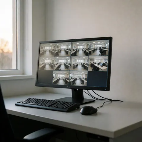 Security workstation monitor showing multiple camera feeds in a modern office with keyboard and mouse on a white desk near a window
