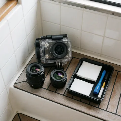 Underwater camera in clear housing, two lenses, and cleaning kit arranged on a wooden deck with white tiles and soft natural lighting.
