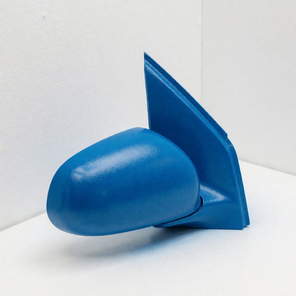 Bright blue painted car mirror housing on white background showing spray paint finish and component shape