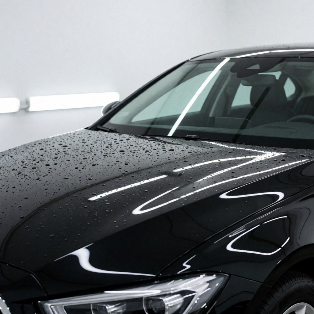 Close-up of a black car hood with water droplets reflecting LED lights in an auto detailing workshop with white walls.