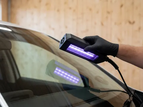 Close-up of a gloved hand using a uv lamp on a car windshield in a workshop with a wooden wall background.