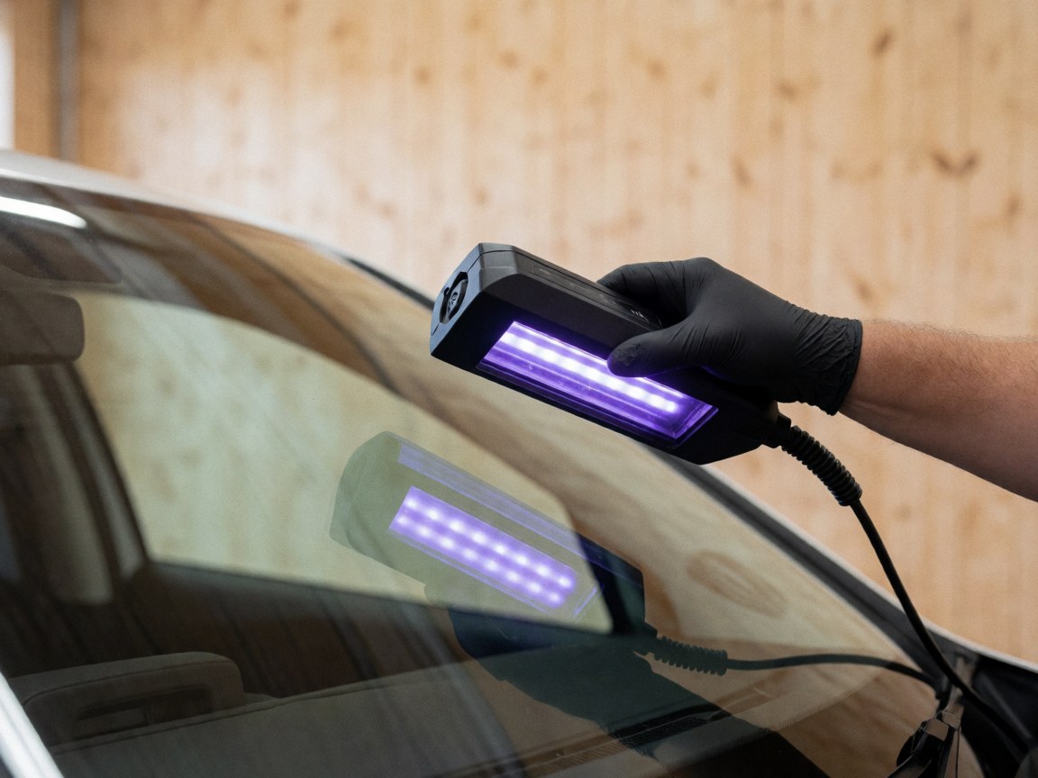 Close-up of a gloved hand using a uv lamp on a car windshield in a workshop with a wooden wall background.