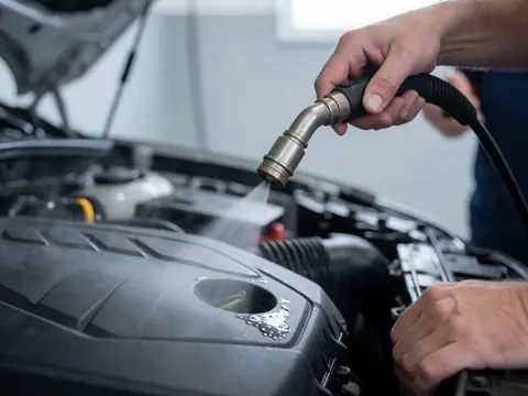 Steam tool cleaning black engine cover in auto shop