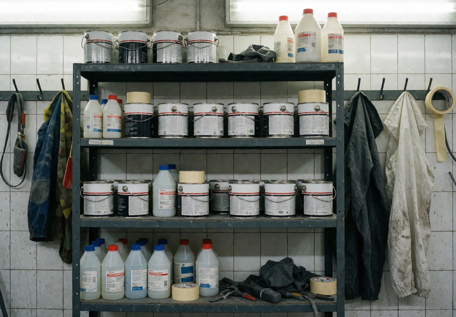 Metal shelf holding automotive paints, solvents, and tapes in a clean auto body shop with white tiled walls and hanging protective gear.