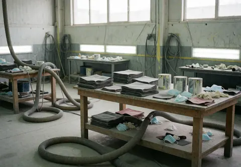 Empty auto body shop with work tables, extraction pipes, sandpaper sheets, and medical masks under natural light