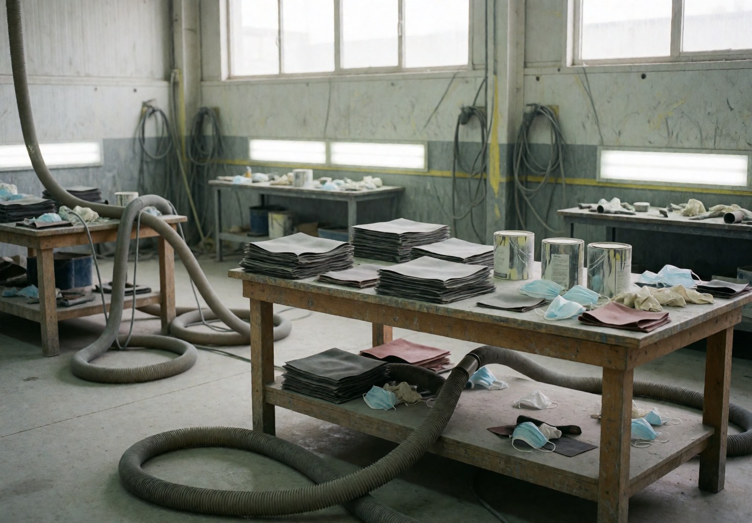 Empty auto body shop with work tables, extraction pipes, sandpaper sheets, and medical masks under natural light