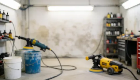 Out-of-focus workshop background featuring polishing machines, water buckets, compound shelves, a dirty wall, and fluorescent lights.