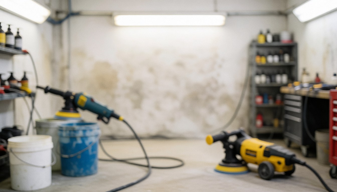 Out-of-focus workshop background featuring polishing machines, water buckets, compound shelves, a dirty wall, and fluorescent lights.