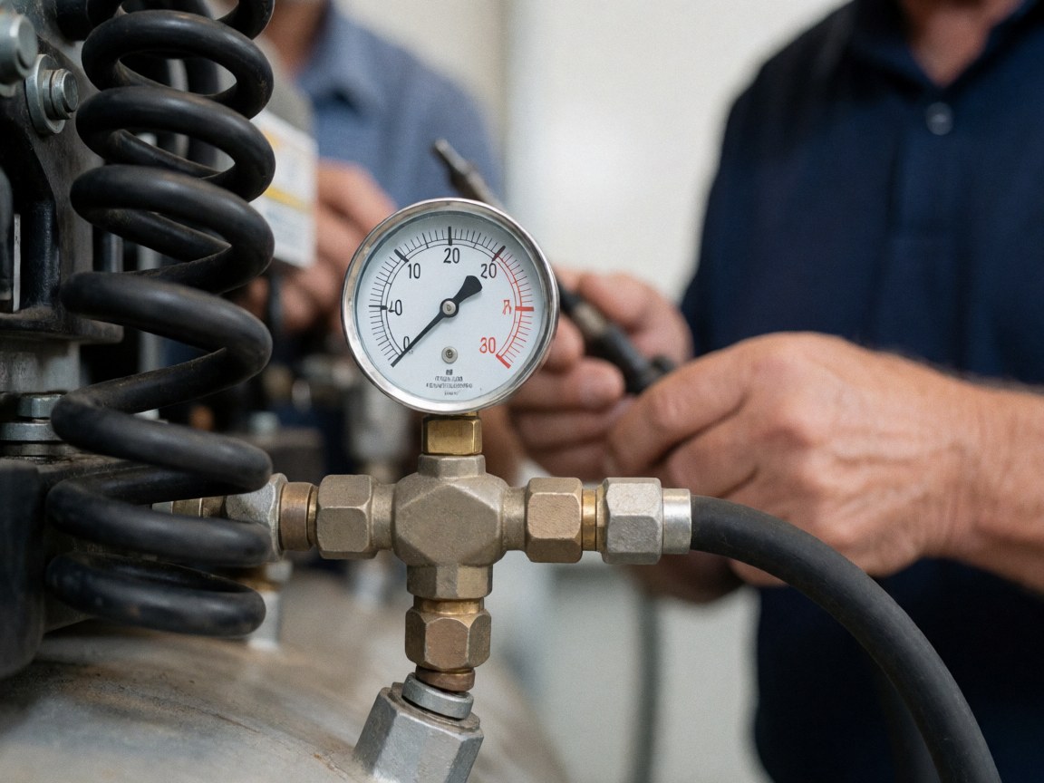 Close-up view of a pressure gauge on an industrial air compressor with metallic pipes and blurred workshop background