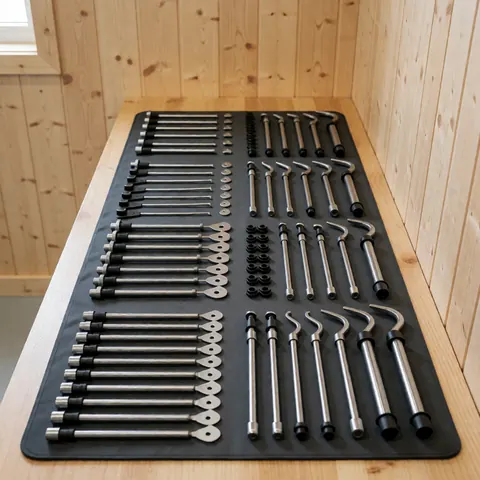 Paintless dent repair tool kit with metal rods and accessories arranged in rows on a wooden table with light wood walls.