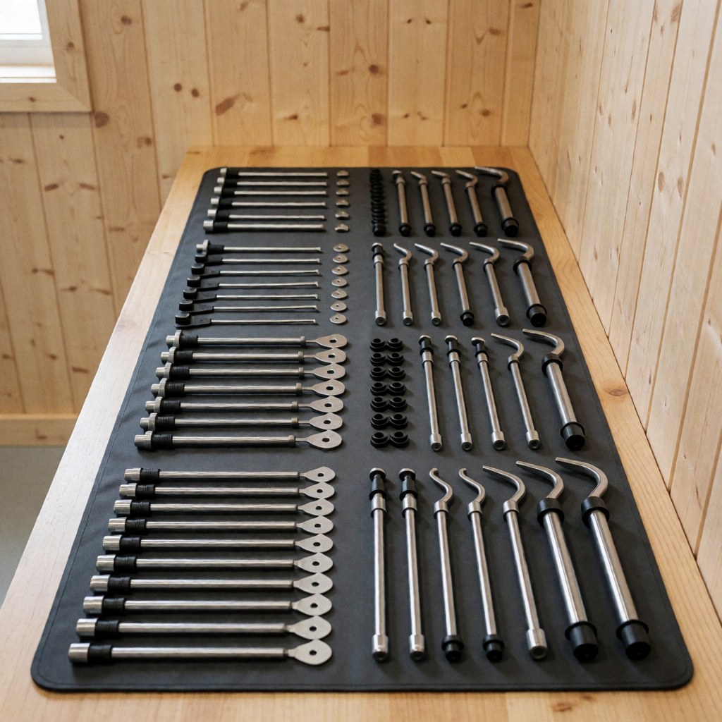 Paintless dent repair tool kit with metal rods and accessories arranged in rows on a wooden table with light wood walls.