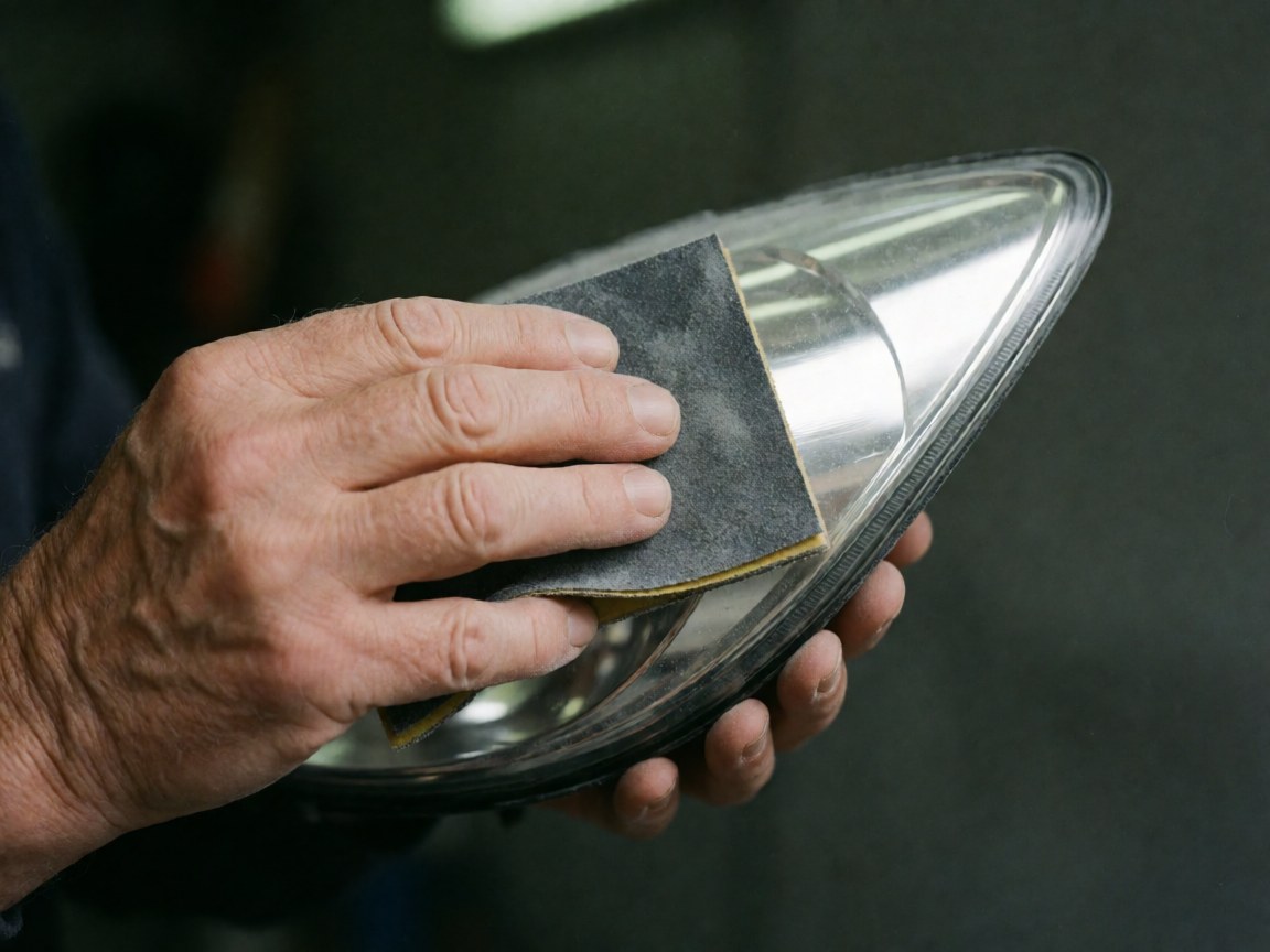 Close-up of a hand using wet sandpaper to polish the curved surface of a car headlight against a dark blurred background.