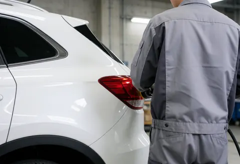 Technician using electric tool to polish rear panel of white SUV in industrial-lit garage