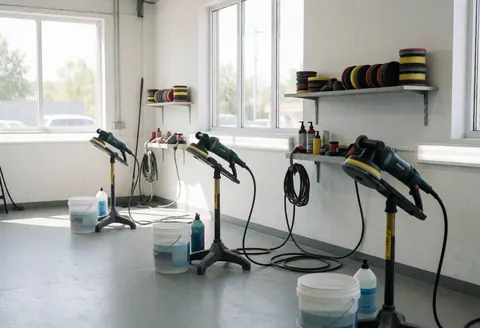 Three electric polishers mounted on stands in an auto detailing shop with water buckets, cleaning supplies, and tools on shelves near windows