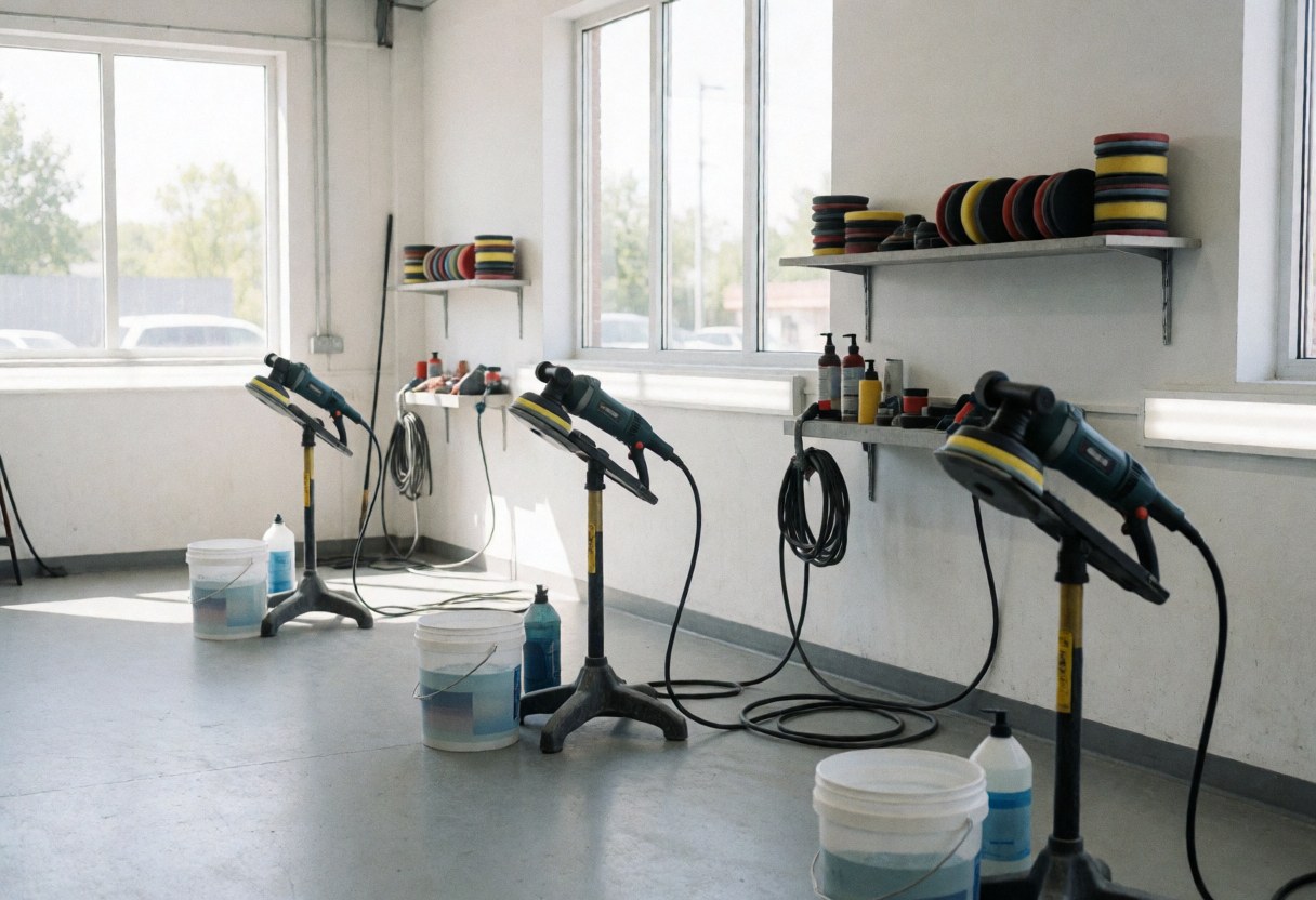 Three electric polishers mounted on stands in an auto detailing shop with water buckets, cleaning supplies, and tools on shelves near windows