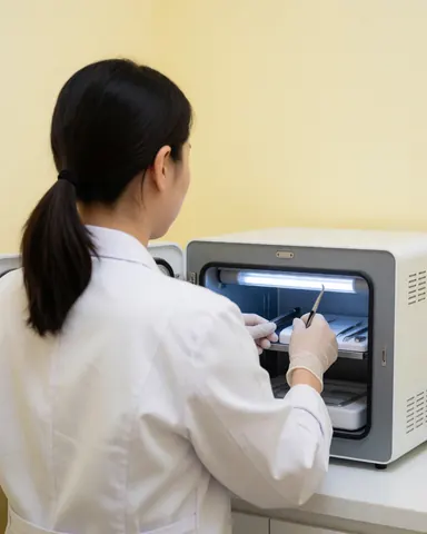 Back view of a technician placing beauty tools into a UV sterilizer in a clean studio with light yellow walls
