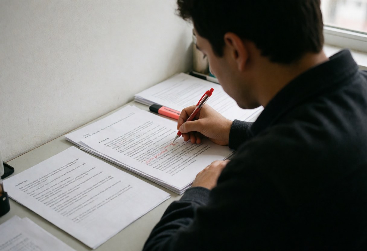 Close-up of a hand using a red pen to edit text on a clean desk with natural light, illustrating professional proofreading services for writing schools.