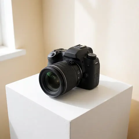 Professional black camera with attached lens resting on a white pedestal against a beige wall with natural lighting, suitable for photography workshops.